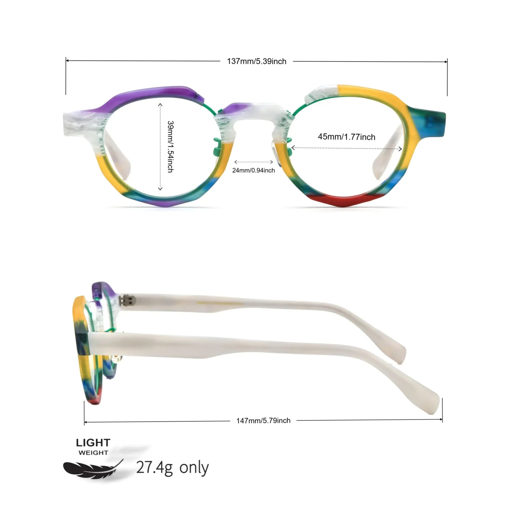 Size chart of VoyueLens™ Rainbow Frost VL19378 eyeglasses with detailed measurements